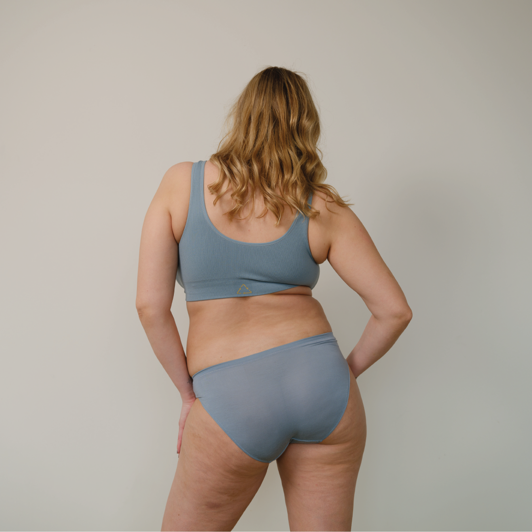 Sustainable mineral blue bikini brief by Underwear for Humanity. ethical, sustainable. Lower rise, full coverage seat, soft tencel, breathable.