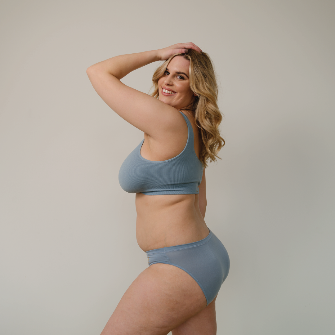 Sustainable mineral blue bikini brief by Underwear for Humanity. ethical, sustainable. Lower rise, full coverage seat, soft tencel, breathable.