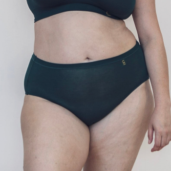 Sustainable atlantis high waist brief by Underwear for Humanity: ethical, sustainable. sizes 6-26. light, breathable. Models wear high-waisted underwear. underwear sits high on the waist, full seat coverage. smooth under clothing. made from Tencel and recycled materials
