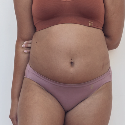 Sustainable bruised mauve bikini brief by Underwear for Humanity. ethical, sustainable. Lower rise, full coverage seat, soft tencel, breathable. 