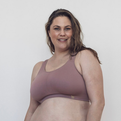 Sustainable, ethically produced Bruised mauve bra crop by Underwear for Humanity: stronger support for larger bust, D - GG cup sizes. Recycled materials, knitted bra and band, seamfree, made from recycled nylon. Models wear the D+ Crop